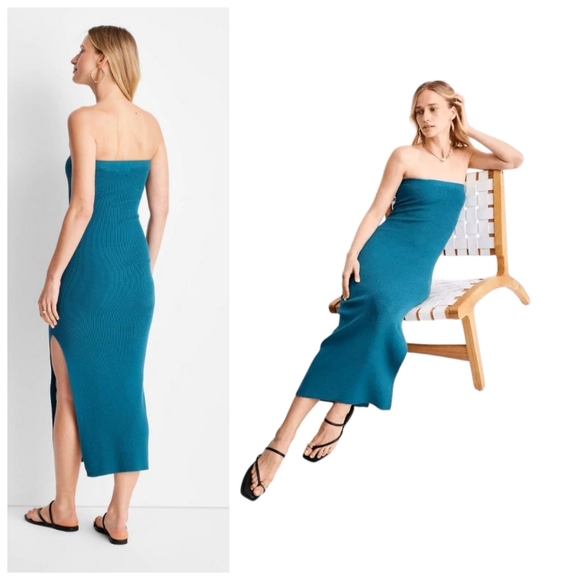 Future Collective Teal Blue Strapless Ribbed Midi Dress Size 3X Elastic Top NWT - Picture 8 of 9
